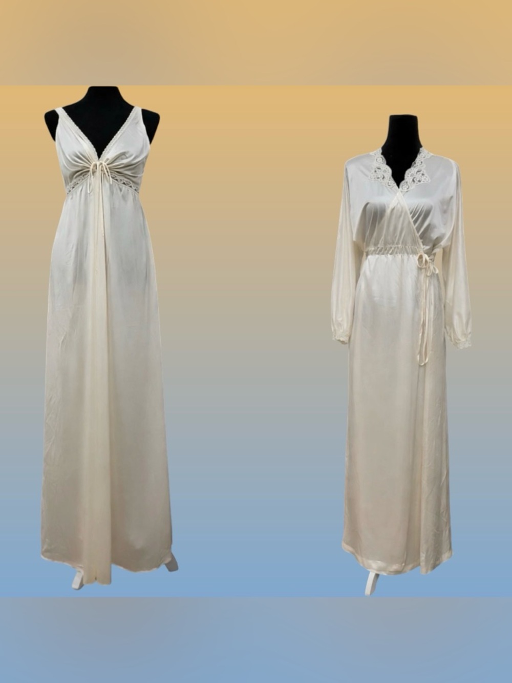 Vintage 70s Miss Elaine Ivory Peignoir Set Nightgown Robe ILGWU - Picture 3 of 8